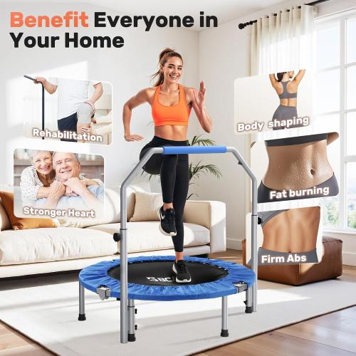 BCAN 40/48 Foldable Mini Trampoline Max Load 330lbs/440lbs, Fitness Rebounder with Adjustable Foam Handle, Exercise Trampoline for Adults Indoor/Garden Workout