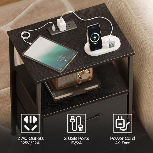 Nightstands Set of 2, Night Stand with Charging Station, Bedside Table with 2 Fabric Drawers for Bedroom, Small Side End Table with Open Shelf, Black