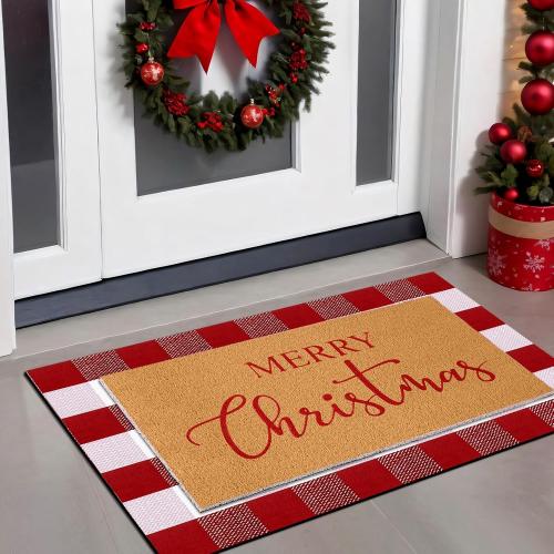 Duraaamo 2 Pcs Christmas Doormat Merry Christ Non Slip Outdoor Rug Xmas Welcome Layered Buffalo Floor Mats for Front Porch Entryway(Red White,Plaid)