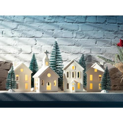 9 Pcs Christmas Village Figurines Sets - 4 Lighted Ceramic Houses with Remote Control & 5 Trees - Christmas Decorations Indoor - White Xmas Holiday Farmhouse Rustic Decor for Home Table Room