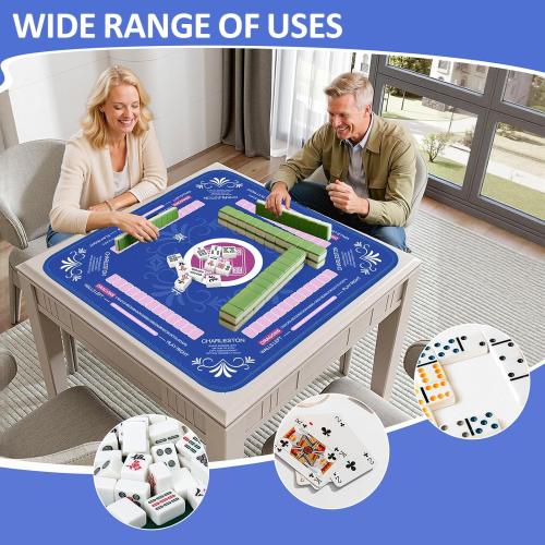 Mahjong Mat (33x33) with 6 Mahjong Playing Instructions,4Tile Mixer,4Dice & Carrying Bag,Non-Slip and Silent Travel Mahjong Set for Mahjong/Poker/Board Games/Card Games/Dominoes (Blue-1)