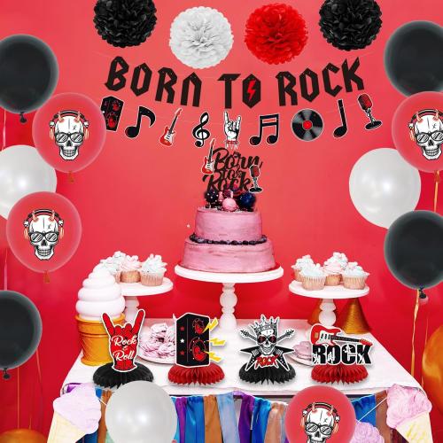 Crenics Rock and Roll Birthday Party Decorations - Happy Birthday Backdrop, Born to Rock Banner, Swirls, Honeycomb, Paper Pom Poms and Balloons for Star Music Decorations