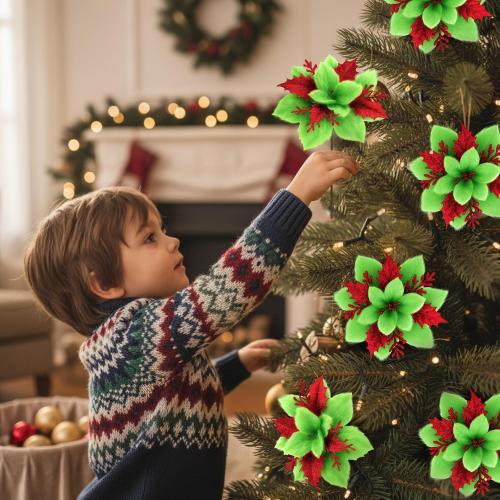 Zeyune 15 Pack Green Poinsettia Flowers Glitter Artificial Christmas Poinsettia Decor 5.5'' Plush Flowers Picks with Clips and Stems DIY for Xmas Tree Wreath Holiday Home Party Decor(Green Red)