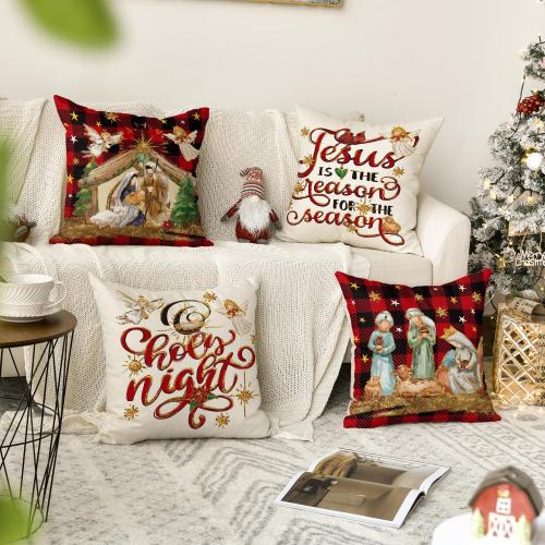 AVOIN colorlife Christmas O Holy Night Jesus Cardinal Buffalo Plaid Throw Pillow Covers, 18 x 18 Inch Christmas Saying Winter Holiday Cushion Case Decoration for Sofa Couch Set of 4