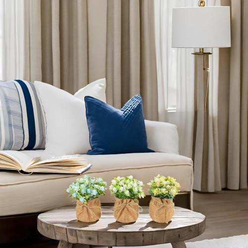 Velener Artificial Flowers in Small Burlap Bag Vases 3Pcs - Faux Flowers Farmhouse, Fake Plants Home Coffee Table Bookshelf Office Desk Decorations Kitchen Dining Room Indoor(White/Yellow/Blue)