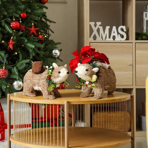 Chalyna 2 Pack Christmas Sisal Polar Bear Tabletop Decor, 9 x 6 In Polar Bear Figurine Woodland Christmas Decor Rustic Farmhouse Animals Ornament for Home Table Office Forest Mantle Seasonal Xmas Gift