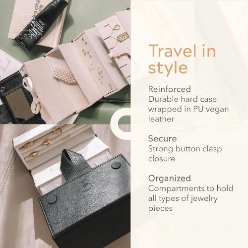 Travel Jewelry Organizer Jewelry Box – Luxurious, Compact Jewelry Travel Organizer w/ Necklace Holder, Earring Organizer, Ring Holder, Hidden Compartments Jewelry Roll Case w/ 5X Capacity! (BLACK)