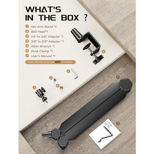 Size 3/8 to 5/8 FIFINE Mic Arm Stand, Microphone Boom Arm with Desk Clamp, Cable Channels, 3/8 to 5/8 Threads, Heavy Metal Microphone Stand for Podcast, Vocal Recording, Gaming-BM66 Black