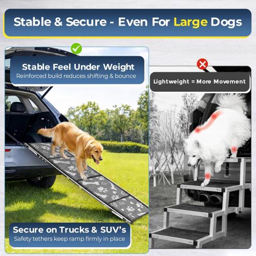 Dog Ramp for Car, SUV & Truck, 71 Long x 20 Wide, Extra Side-Strap Stability System, Non-Slip Quad-Fold Pet Ramp for Large Dogs, 250 lb Capacity (Paw Print Design)
