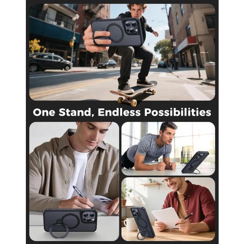 FlyReal Designed for iPhone 15 Pro Max Case with 360° Magnetic Stand, Carbon Fiber Phone Case [Compatible with Magsafe] [16FT Military Protection] with Stand Ring 6.7'', Black