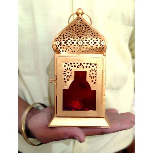 eSplanade Moroccan Lantern | Colored Glass Hanging Lamp | Tealight Holder | Home Decor | Red-Golden - 6.5 Inches (Multi-Golden)