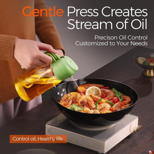 YRRAMATE 16oz/470ml Glass Olive Oil Sprayer for Cooking with Stickers, 2 in 1 Oil Dispenser for Kitchen Gadgets, Food Grade Premium Spray Bottle with Portion Control for Salad, Frying, BBQ (Green)