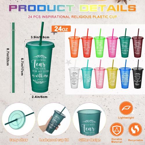 Havawish 24 Pcs Inspirational Christian Gift Bible Verse Tumbler Bulk 24 oz Drinking Tumblers with Lid Straw Religious Plastic Cup for Christmas Appreciation Day Women Men Sunday School (Colour)