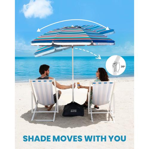 OutdoorMaster Beach Umbrellas for Sand with Sandbag & Anchor, 6.5ft Adjustable Umbrella for Beach Heavy Duty Wind, Portable UPF50  Sunshade with Carry Bag for Patio, Blue Red Striped