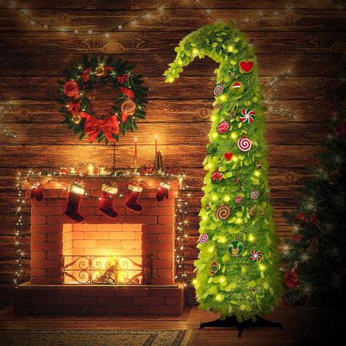 Syhood Whimsical Christmas Tree 5ft Bendable Pop up Collapsible 1 Minute Christmas Tree with 36 Wooden Ornaments for Indoor Outdoor Home Office Holiday Xmas Party Decor Supply