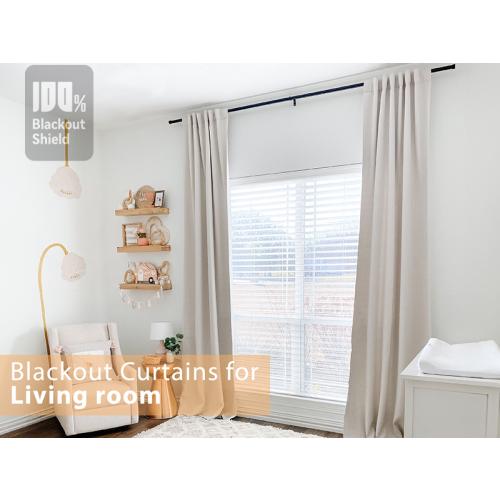Linen Total Blackout Curtains for Bedroom Living Room 90 Inch, Cream