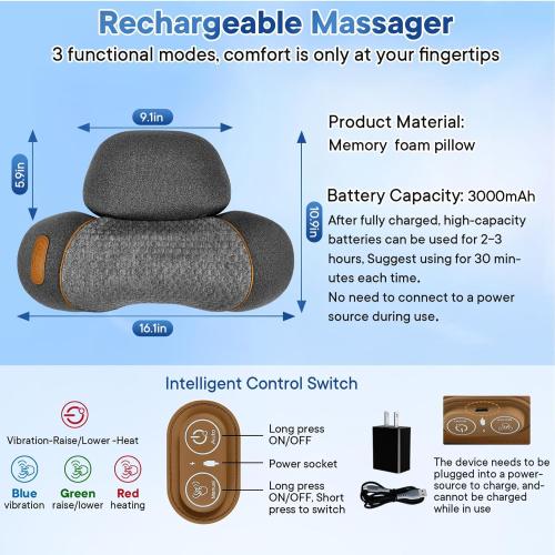 Upgraded Neck Massager Pillow, 3-in-1 Neck Massager, Traction Massage with Heat, Neck Pillow for Shoulder Pain, Deep Tissue Pain Relief,Rechargeable TheraPillow