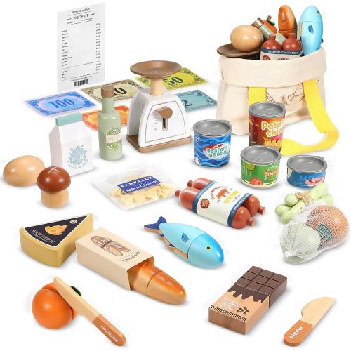 Pithfor Wooden Play Food Set for Kids Toddlers, Grocery Store Pretend Play Food, Pretend Grocery Shopping & Play Kitchen Accessories for Boys Girls