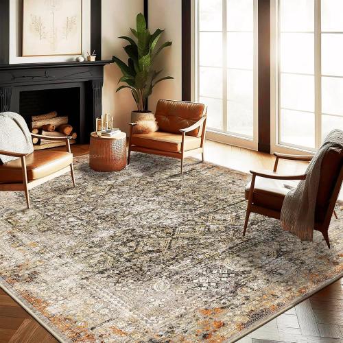 CHAMPLANT Area Rug 9'x12' Washable Vintage Traditional Mat Distressed Indoor Foldable Thin Retro Accent Floral Print Non Slip Carpet for Living Room Dining Room Office Large Rugs