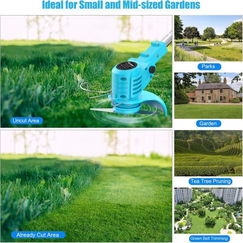 Weed Wacker, Cordless String Trimmer 21V with 2 Batteries 2.0Ah, 2 Types Metal Blades Powered Grass Trimmer, Pruning Shears, Adjustable Pole Weed Trimmer for Garden and Yard Lawn, Blue
