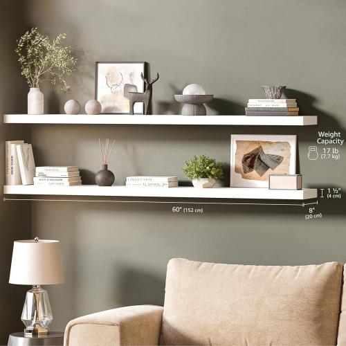 Ballucci Floating Shelves for Wall, 60 Wood Wall Shelf Set of 2, with Invisible Brackets for Bathroom, Living Room, Bedroom, Kitchen, Nursery, 8 Deep, White