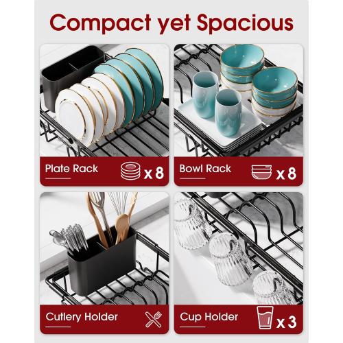 Dish Drying Rack in Sink - Expandable Stainless Steel Dish Rack Over The Sink, Kitchen Sink Drain Strainer with Cutlery Holder & Cup Holders, 15.4 x 9.8 x 3.0 Inch, Black