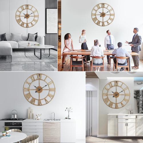 Large Wall Clock, 24-Inch(60CM) Roman Numeral Decorative Art Wall Clock,Completely Silent, Non Ticking, Battery-Operated Metal for Living Room, Bedroom and Kitchen-Copper Gold