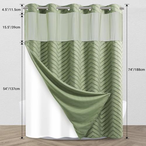 No Hook Shower Curtain with Snap in Liner, Tufted Chevron Striped Shower Curtain Set for Bathroom, Boho Waterproof and Washable Shower Curtains,71Wx74H, Sage Green
