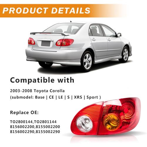 Tail Lights Assembly Compatible with 2003-2008 Toyota Corolla Inner   Outer Tail Lamps Driver and Passenger Side, Original Red, 4pcs