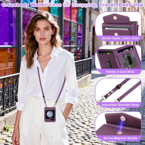 Vofolen for Samsung Galaxy Z Flip 5 Case with Card Holder Slot Crossbody Wallet Cover with Adjustable Strap Magnetic Closure Soft PU Leather Protective zflip5 Phone Purse for Women Girls, Purple