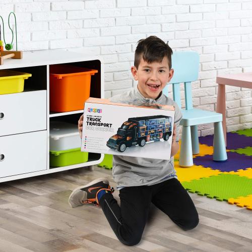 Toy Truck Car Carrier - Includes 6 Toy Cars and Accessories, Fits 28 Toy Car Slots - Great Gift for Boys and Girls - Original - By Play22