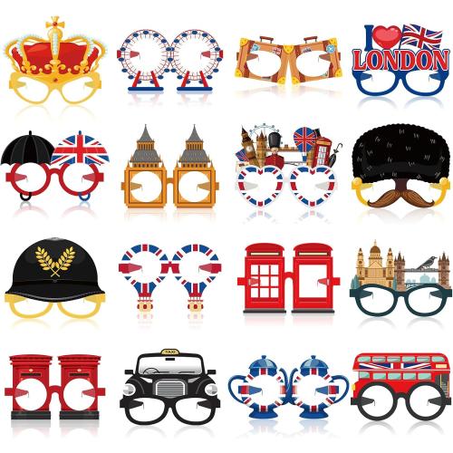 Capoda 32 Pcs British Party Decorations Favors British National Day Paper Glasses Photo Booth Props UK England Selfie Prop for London National Day Party Decorations Supplies