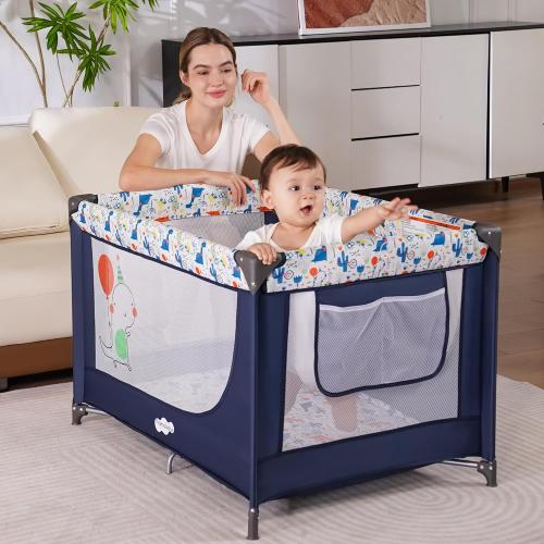 Pamo Babe Compact Pack and Play - Portable Crib for Baby, Lightweight Foldable Travel Playard with Mattress Pad & Carry Bag, Safe Breathable Travel Bed for Home, Trips & Family Visits, Cute Pattern