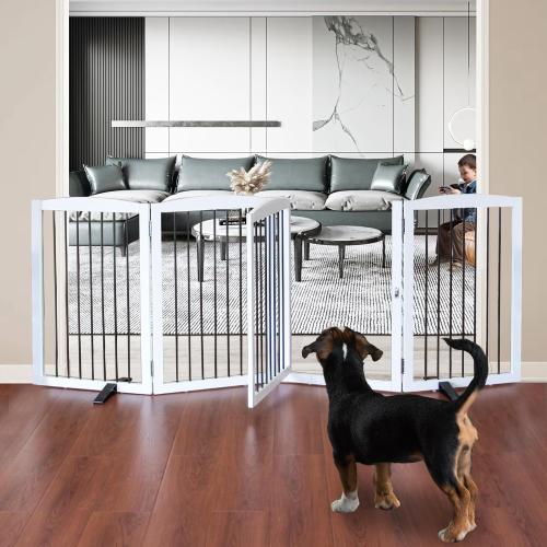 Dog Gate Freestanding Dog Fence Indoor with Door Foldable, Wooden Dog Gate for The House, Doorway, Stairs, Pet Gate Puppy Safety Fence, Support Feet Included, 32 Height, 4 Panels, White