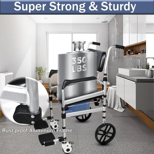 Folding Bedside Commode with Wheels, Padded Shower Chair with Bucket, Rolling Shower Commode Chairs with Soft Backrest, Bedside Commodes for Senior & Handicap