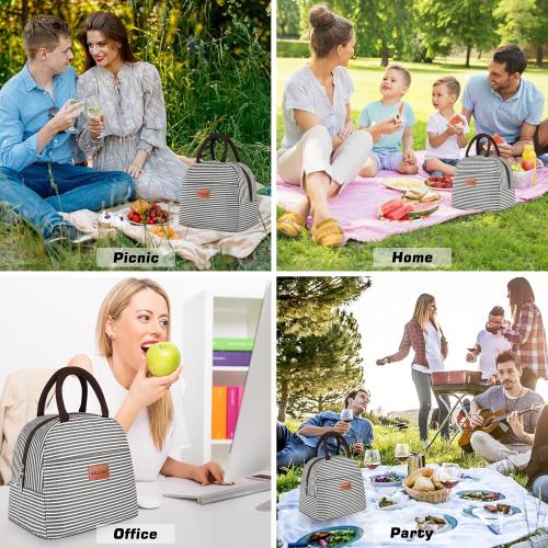 BALORAY Lunch Bag for Women Men Insulated Lunch Box for Adult Reusable Lunch Tote Bag for Work, Picnic or Travel(Black White Stripes)