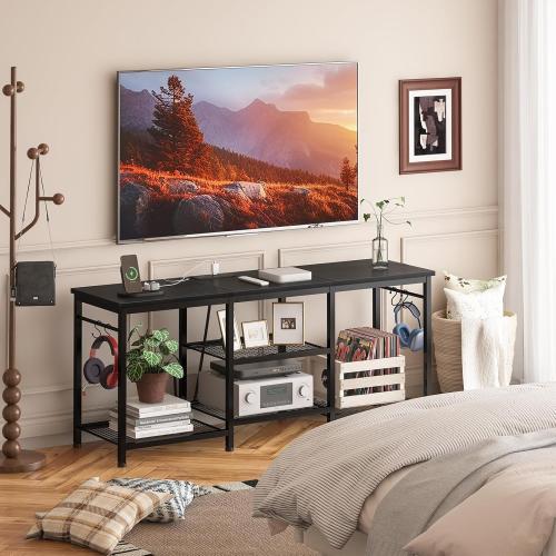 YGEOMER TV Stand for 55 Inch TV, Entertainment Center with Power Outlet and Open Storage Shelves, TV Console Table for Living Room and Bedroom, Black
