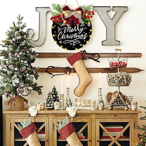 Black Door Sign for Christmas Decorations, Lighted Christmas Wreaths for Front Door, Farmhouse Wooden Hanging Merry Christmas Sign with 30 LED Lights for Indoor Outdoor Porch Wall Window Decor