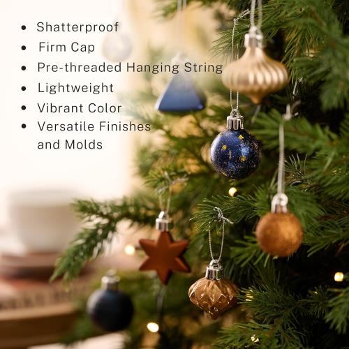 DecorbyHannah Mini Christmas Ornaments, 45ct Small Blue Copper Gold Christmas Tree Decorations, Assorted Tiny Celestial Shatterproof Plastic Decorative Hanging Ball Bulk Set for Xmas Home Table Decor