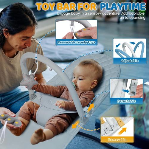 Orzbow Baby Bouncer Seat, Portable Infant Chair, 0-18 Months, Up to 20 Ibs | Foldable & Lightweight, Ergonomic 3-Positions Recline for Baby's Comfort, Removable Play Bar, Washable Cover, ASTM Certified