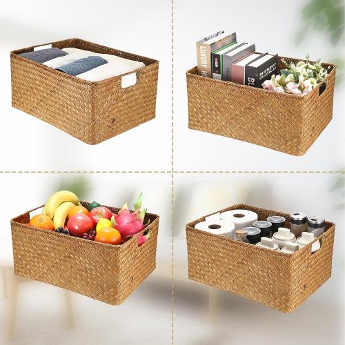 Hipiwe Seagrass Storage Baskets Bin for Shelf,  Handwoven Wicker Baskets Built-in Handles Rectangular Closet Bedroom Organizer Box Multipurpose Pantry Basket,Caramel Color