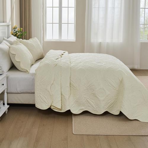 Kingnex Oversized King Bedspreads 128x120 for Extra Wide Tall King or Cal King Bed Ultrasonic Quilted Coverlet Set 3 Piece Include 1 Quilt 2 Pillowcases Cream