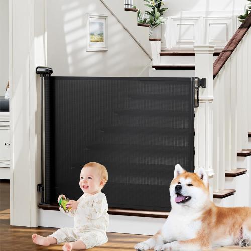 probebi Retractable Baby, Child & Dog Gates for Stairs, Extends to 54 Wide 34 Tall, Use for Outdoor, Indoor, Hallways, Doorways, Deck, Porch, Black