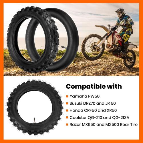2.5-10 Off-Road Tire and Inner Tube Set - Dirt Bike Tire with 10-Inch Rim and 2.5/2.75-10 Dirt Bike Inner Tube Replacement Compatible with Honda CRF50/XR50, Suzuki DRZ70/JR50, and Yamaha PW50
