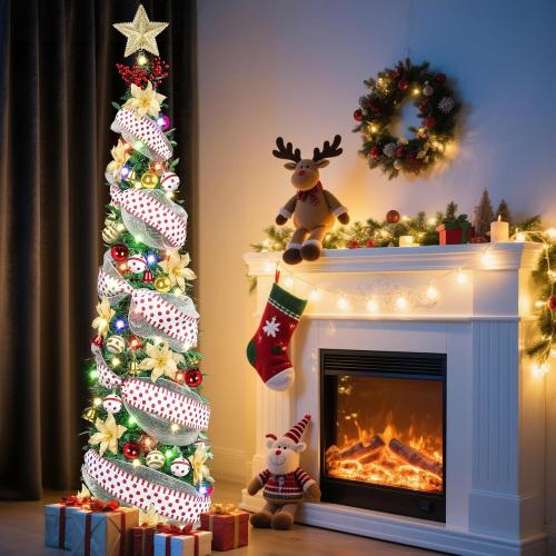 6Ft Prelit Pop Up Pencil Christmas Tree Decorations, Collapsible Artificial Christmas Tree with Lights, Foldable Pre Decorated with Ribbon Ornaments, Indoor Home Holiday Party Christmas Decorations