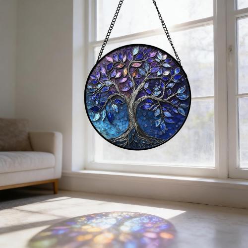 DASTOLL Stained Glass Window Hanging, Blue Purple Tree of Life Sun Catchers Colorful Glass Panel Plants Suncatcher Decor for Birthday for Women,Men,Wife, Lovers, and Mom 14.9x14.9 in