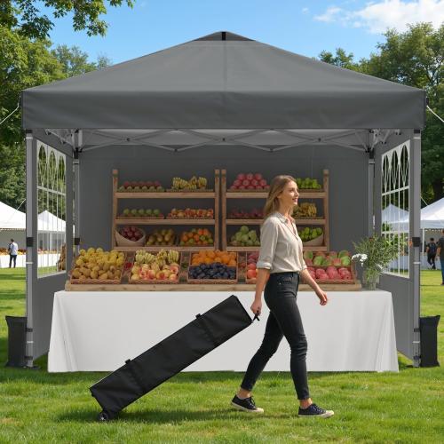 Raynesys Pop Up Canopy Tent with Sidewalls, 10x10ft 10 Person Party Tent One Push Setup, Portable Gazebo Outdoor Sun Shade for Events, Parties, Camping, Commercial, Silver Coated Top, Gray