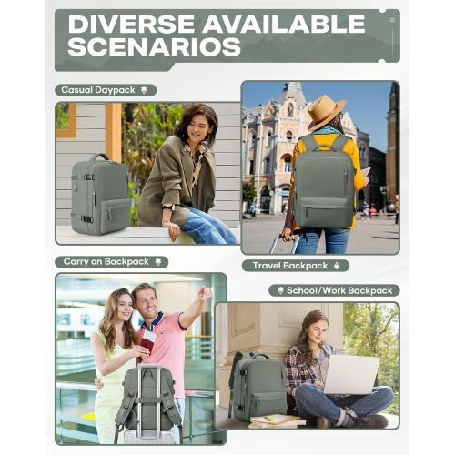 Travel Vacuum Backpack for Women Men, Large  Carry on Luggage Spirit United Flight Approved, Personal Item Travel Bag with Wet Dry Separation Pocket USB Charging, Green