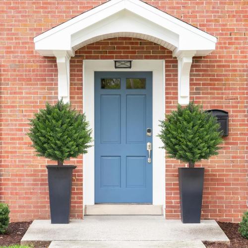 Artificial Set of 2 Cedar Topiary Ball Trees 22 for Outdoors with Ground Spike, UV Resistant Faux Cypress Plants into Anywhere, Evergreen Shrubs Bushes for Room Front Porch Garden Backyard Decor