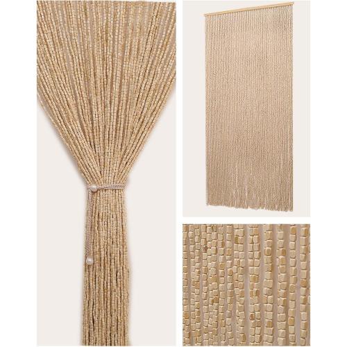 90 Strands Beaded Curtain for Doorways -35.5x79- Handmade Natural Beaded Curtains，Boho Doorway Wood and Bamboo Bead Curtain-As Insect Screen/Room Divider-Beige